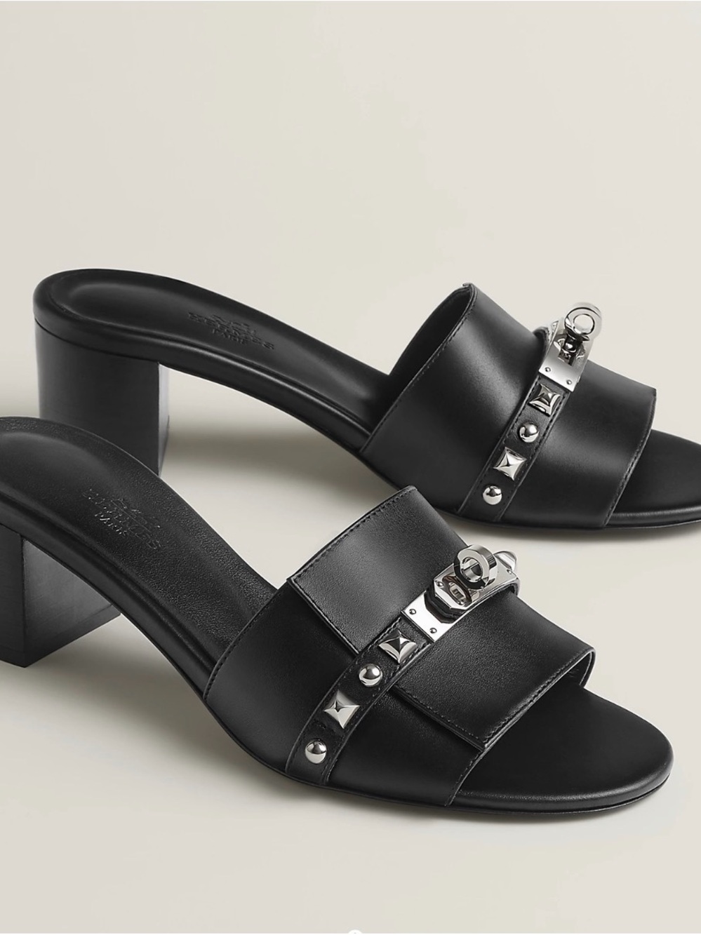 Hermes Gigi 50 Black Studded Leather Block-Heel Slides 36.5 / 6.5 NEW IN BOX